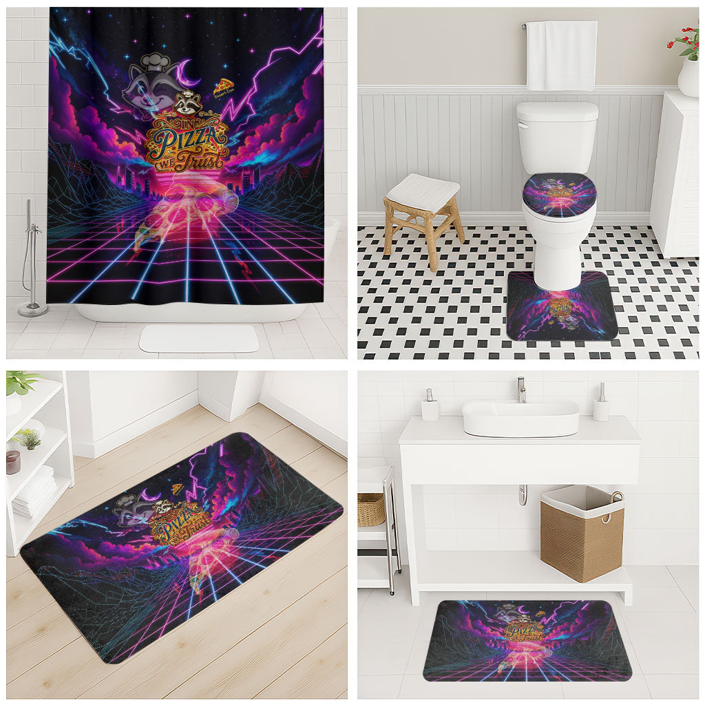 Retro Raccoon Eating Pizza Bathroom Set 80s Synthwave Pizza Arcade Neon Gaming Aesthetic