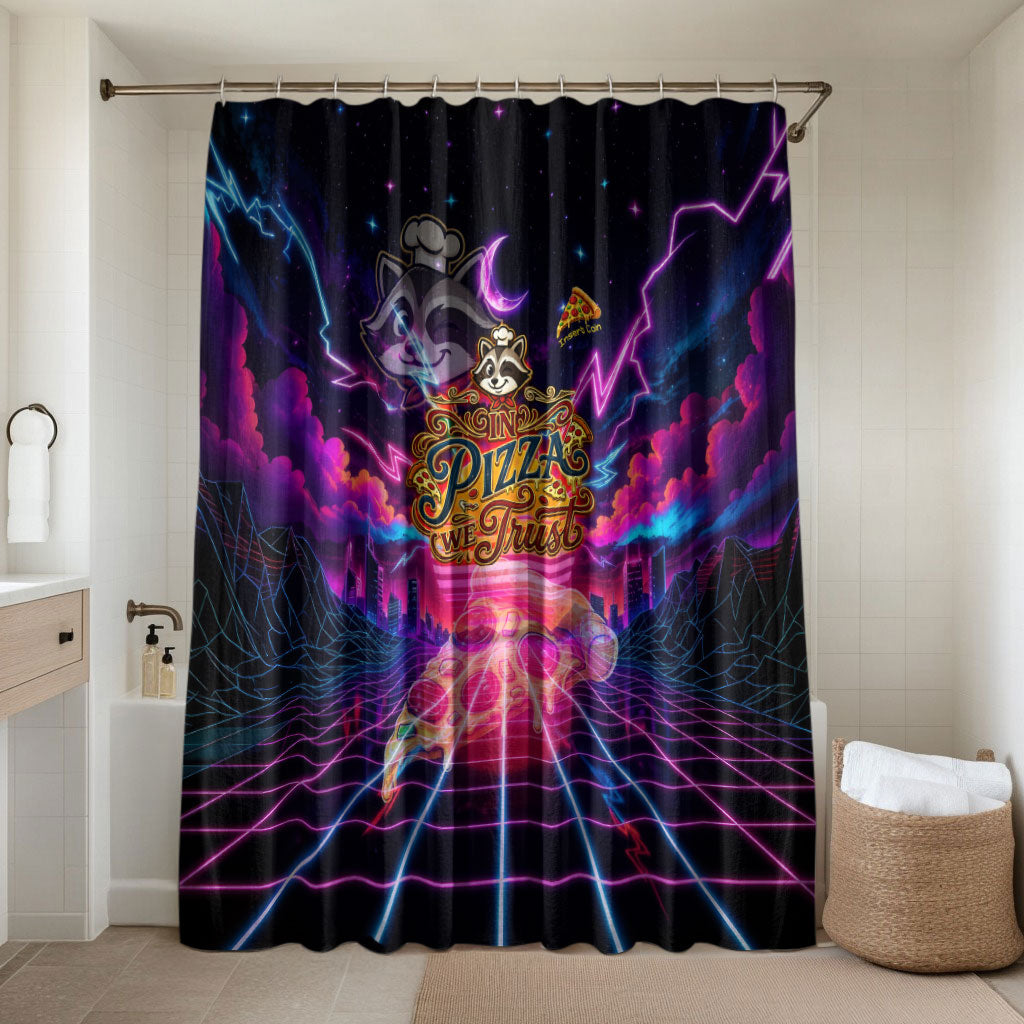 Retro Raccoon Eating Pizza Bathroom Set 80s Synthwave Pizza Arcade Neon Gaming Aesthetic