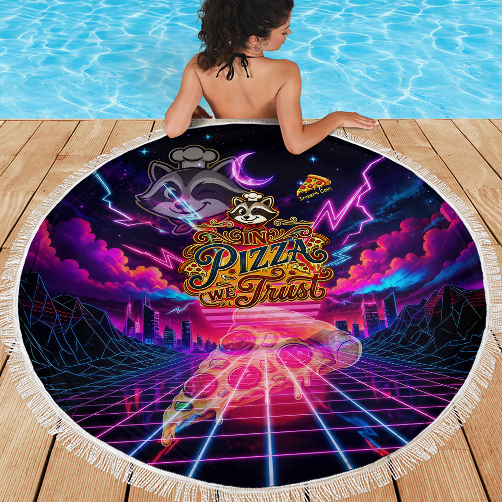 Retro Raccoon Eating Pizza Beach Blanket 80s Synthwave Pizza Arcade Neon Gaming Aesthetic