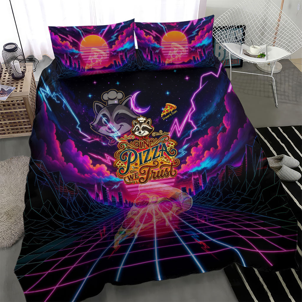 Retro Raccoon Eating Pizza Bedding Set 80s Synthwave Pizza Arcade Neon Gaming Aesthetic