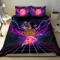 Retro Raccoon Eating Pizza Bedding Set 80s Synthwave Pizza Arcade Neon Gaming Aesthetic