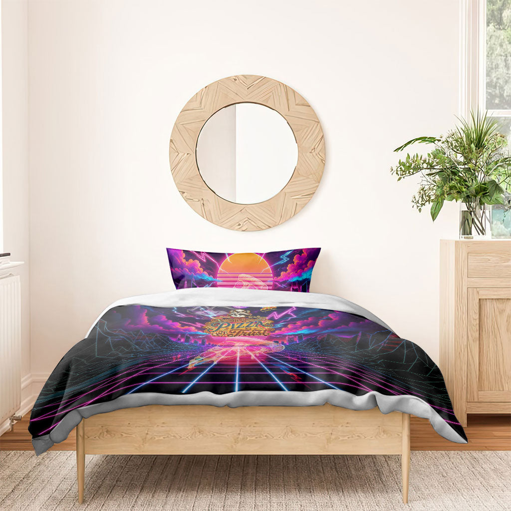 Retro Raccoon Eating Pizza Bedding Set 80s Synthwave Pizza Arcade Neon Gaming Aesthetic
