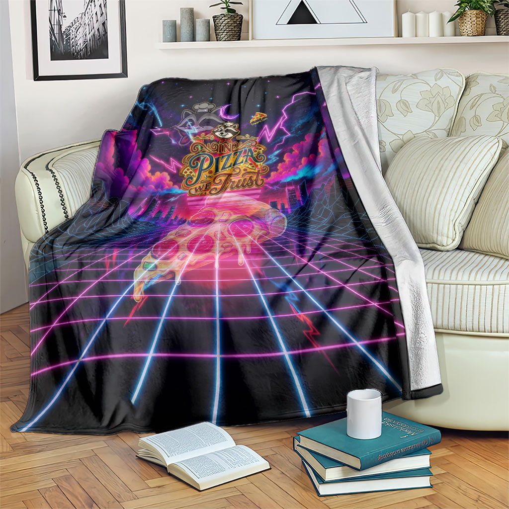 Retro Raccoon Eating Pizza Blanket 80s Synthwave Pizza Arcade Neon Gaming Aesthetic