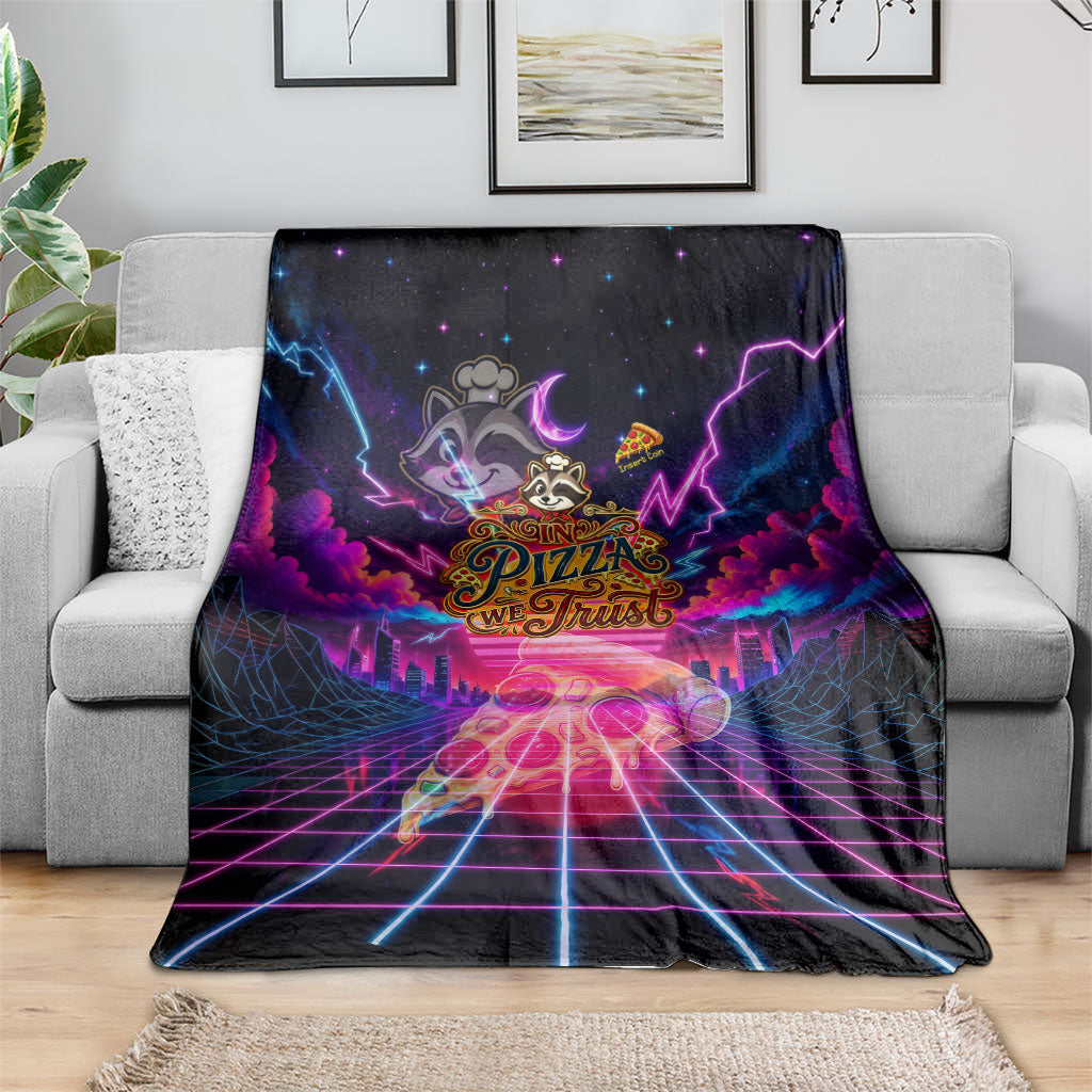 Retro Raccoon Eating Pizza Blanket 80s Synthwave Pizza Arcade Neon Gaming Aesthetic