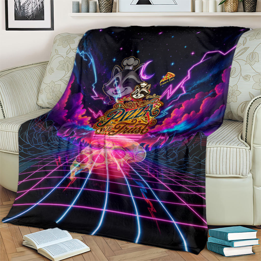 Retro Raccoon Eating Pizza Blanket 80s Synthwave Pizza Arcade Neon Gaming Aesthetic