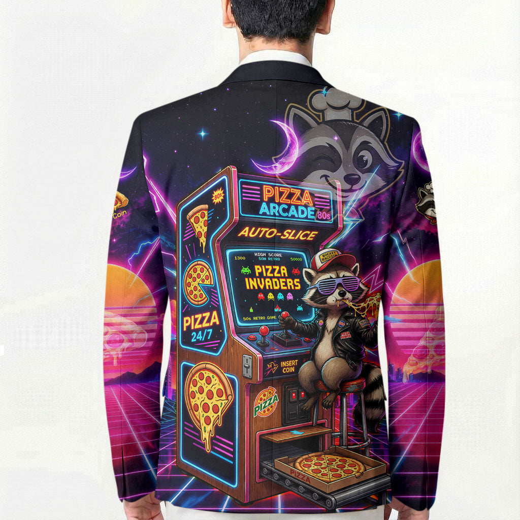 Retro Raccoon Eating Pizza Blazer 80s Synthwave Pizza Arcade Neon Gaming Aesthetic