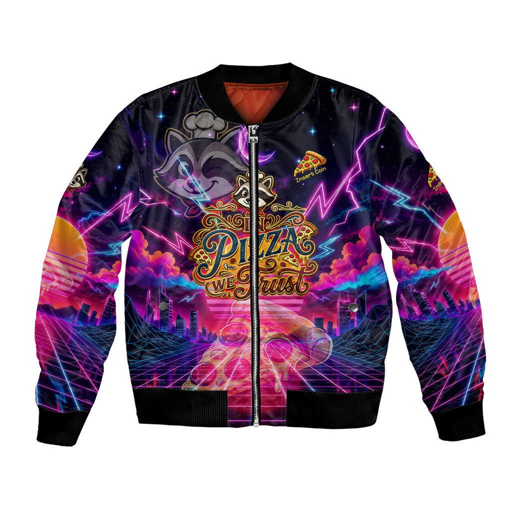 Retro Raccoon Eating Pizza Bomber Jacket 80s Synthwave Pizza Arcade Neon Gaming Aesthetic