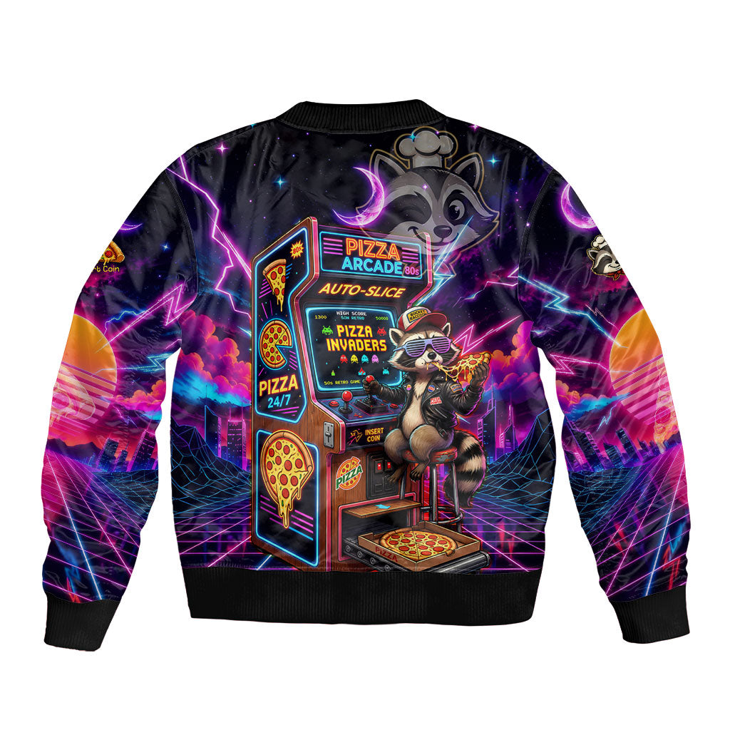 Retro Raccoon Eating Pizza Bomber Jacket 80s Synthwave Pizza Arcade Neon Gaming Aesthetic