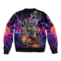 Retro Raccoon Eating Pizza Bomber Jacket 80s Synthwave Pizza Arcade Neon Gaming Aesthetic