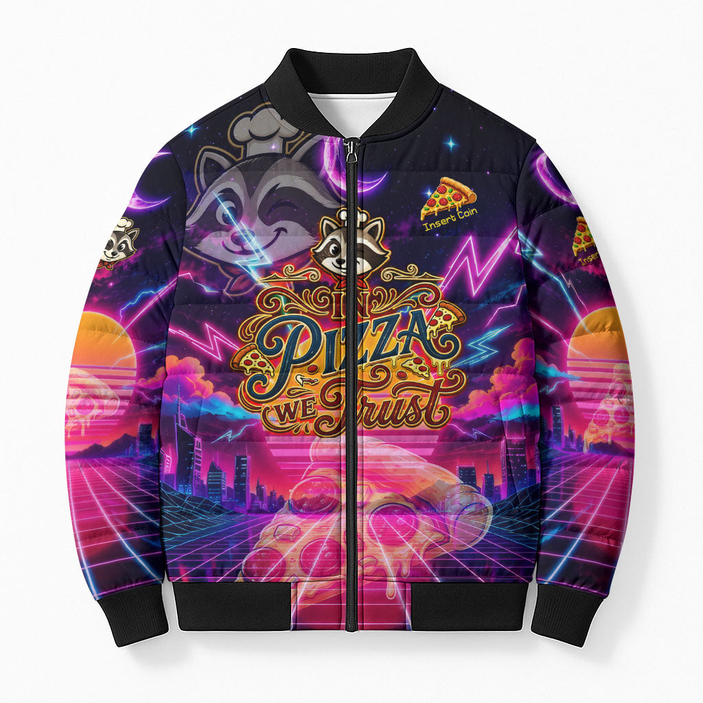 Retro Raccoon Eating Pizza Bomber Puffer Jacket 80s Synthwave Pizza Arcade Neon Gaming Aesthetic