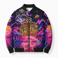 Retro Raccoon Eating Pizza Bomber Puffer Jacket 80s Synthwave Pizza Arcade Neon Gaming Aesthetic