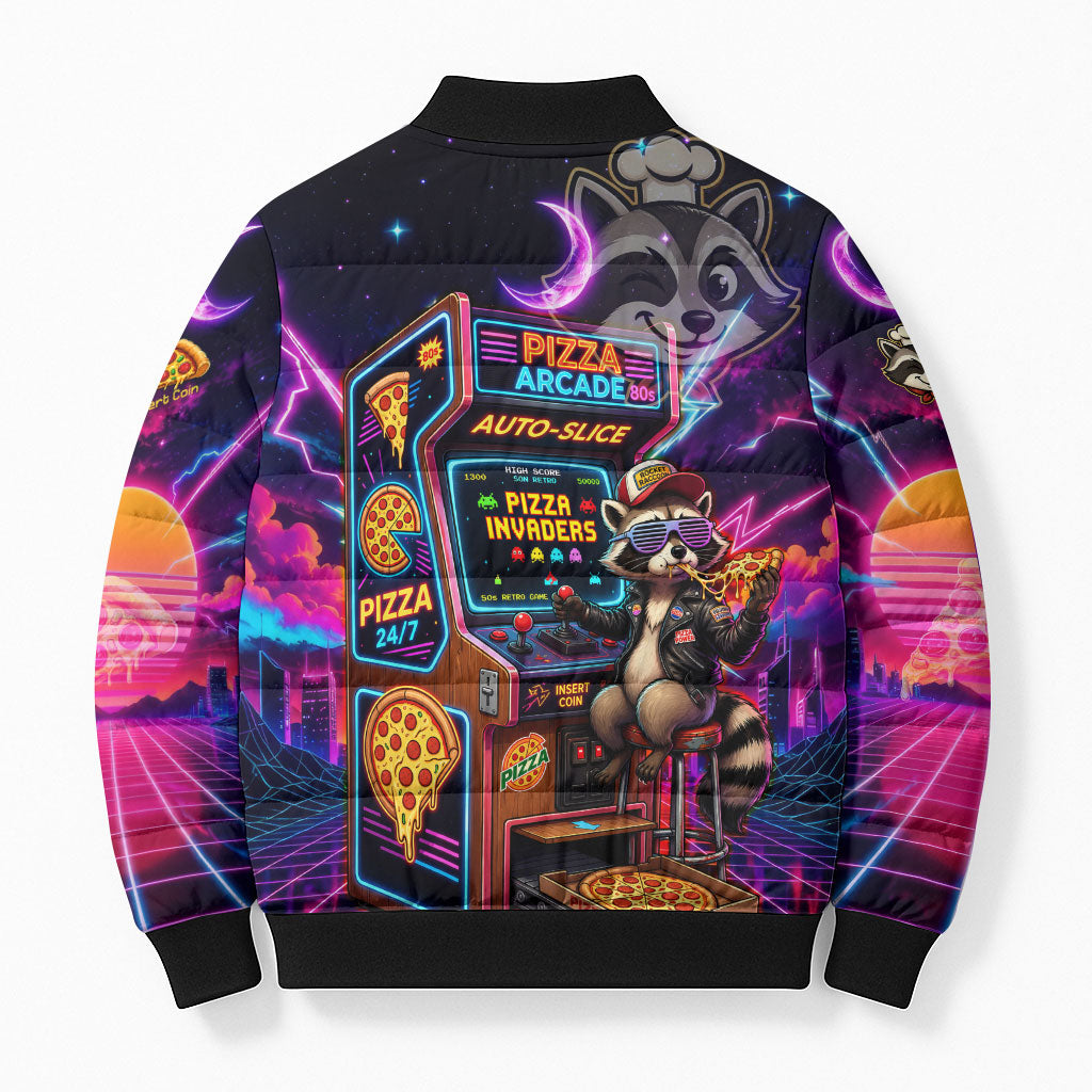 Retro Raccoon Eating Pizza Bomber Puffer Jacket 80s Synthwave Pizza Arcade Neon Gaming Aesthetic