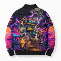 Retro Raccoon Eating Pizza Bomber Puffer Jacket 80s Synthwave Pizza Arcade Neon Gaming Aesthetic
