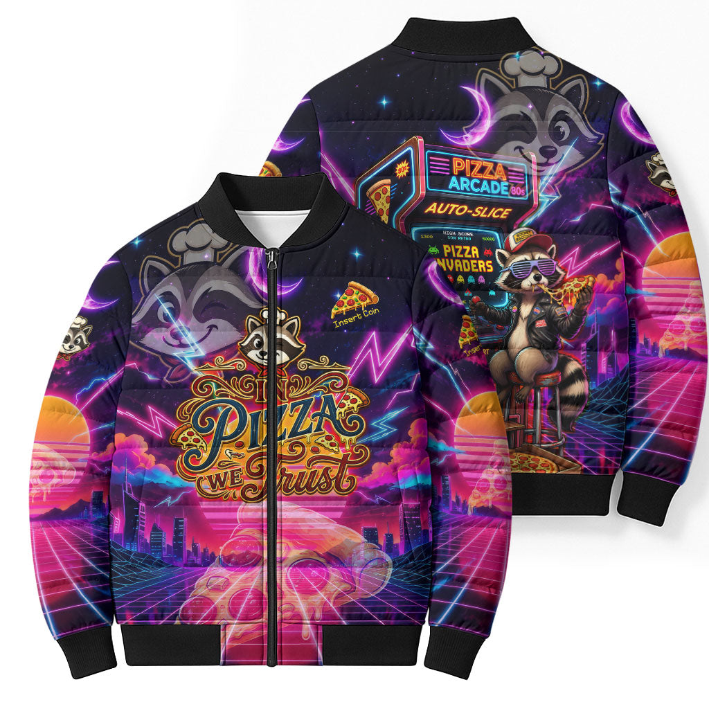 Retro Raccoon Eating Pizza Bomber Puffer Jacket 80s Synthwave Pizza Arcade Neon Gaming Aesthetic