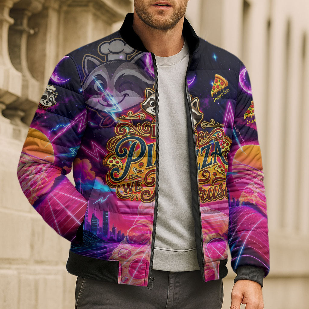 Retro Raccoon Eating Pizza Bomber Puffer Jacket 80s Synthwave Pizza Arcade Neon Gaming Aesthetic