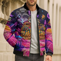 Retro Raccoon Eating Pizza Bomber Puffer Jacket 80s Synthwave Pizza Arcade Neon Gaming Aesthetic