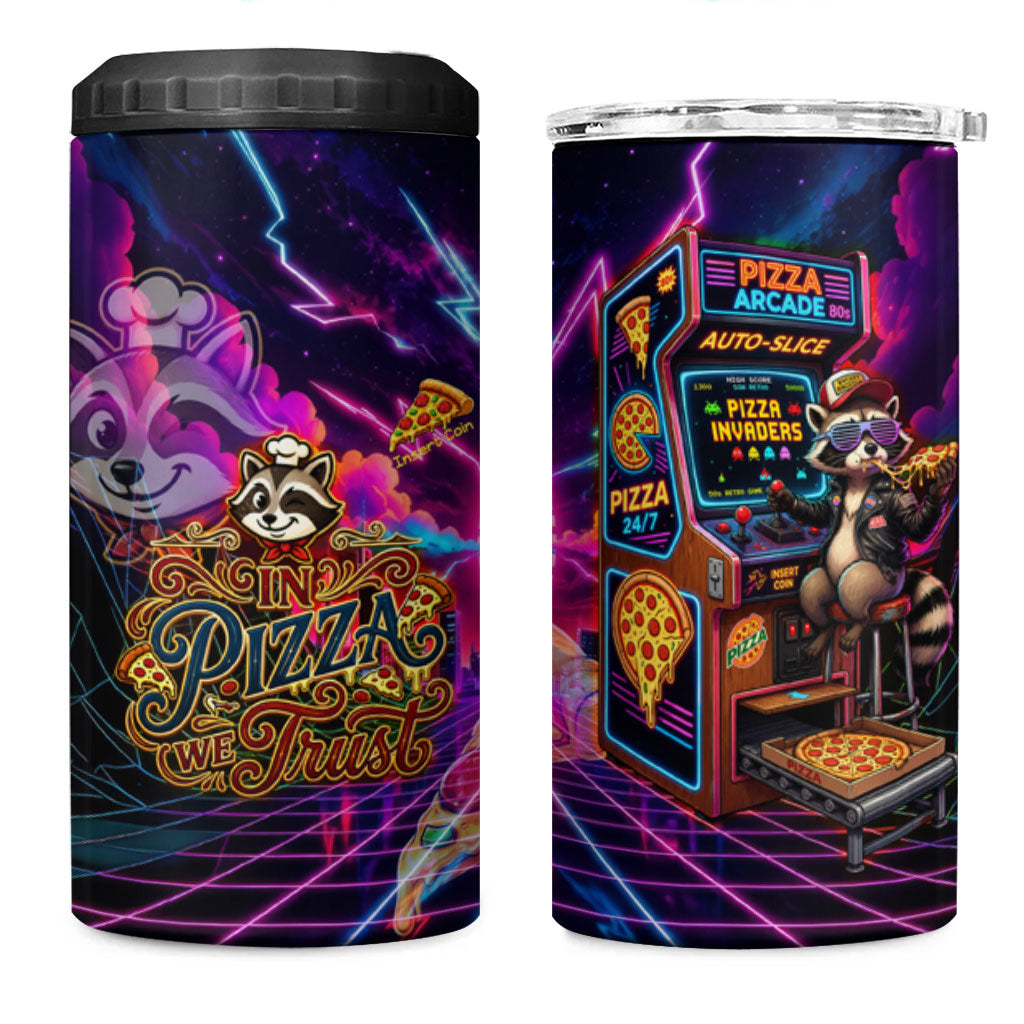 Retro Raccoon Eating Pizza 4 in 1 Can Cooler Tumbler 80s Synthwave Pizza Arcade Neon Gaming Aesthetic