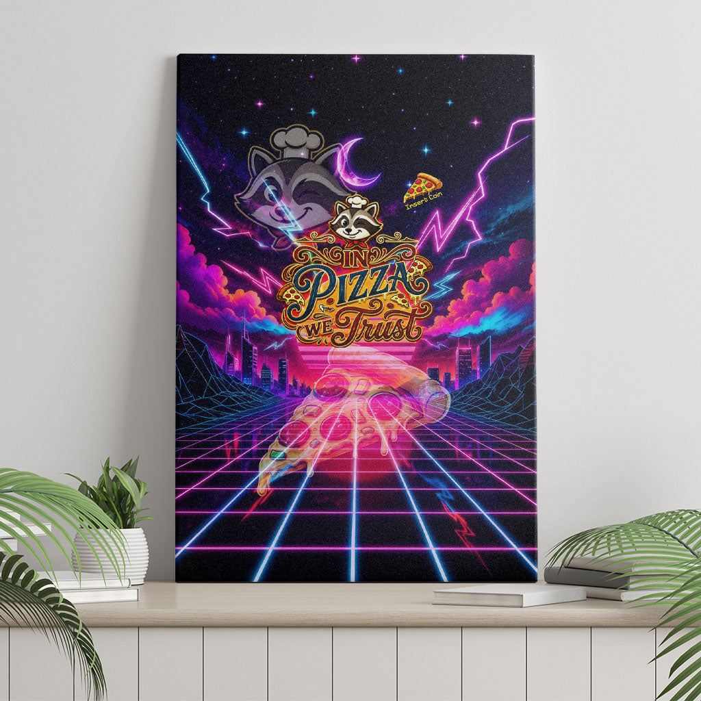 Retro Raccoon Eating Pizza Canvas Wall Art 80s Synthwave Pizza Arcade Neon Gaming Aesthetic