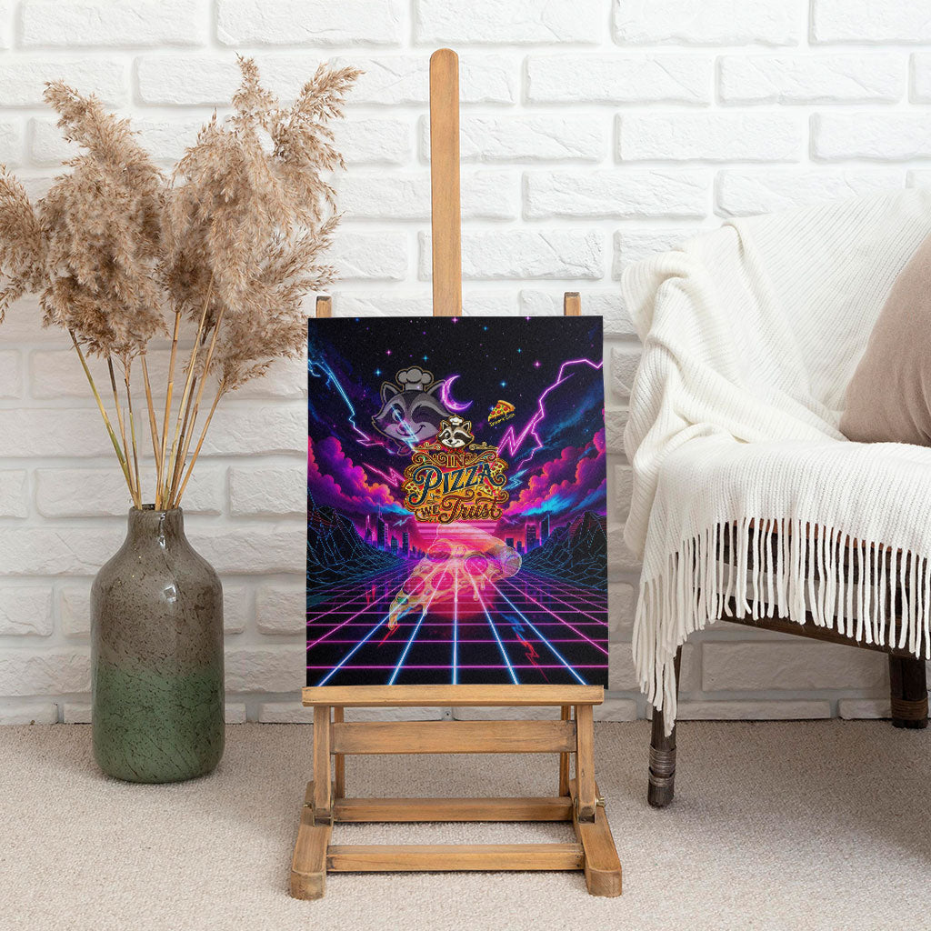 Retro Raccoon Eating Pizza Canvas Wall Art 80s Synthwave Pizza Arcade Neon Gaming Aesthetic
