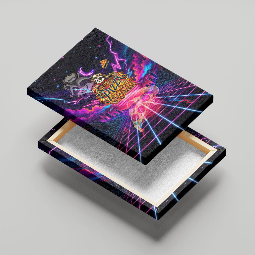 Retro Raccoon Eating Pizza Canvas Wall Art 80s Synthwave Pizza Arcade Neon Gaming Aesthetic