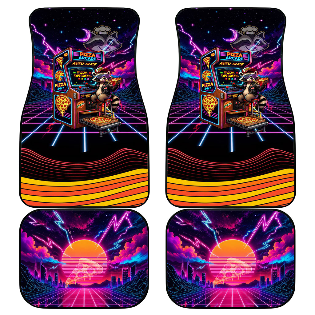 Retro Raccoon Eating Pizza Car Mats 80s Synthwave Pizza Arcade Neon Gaming Aesthetic