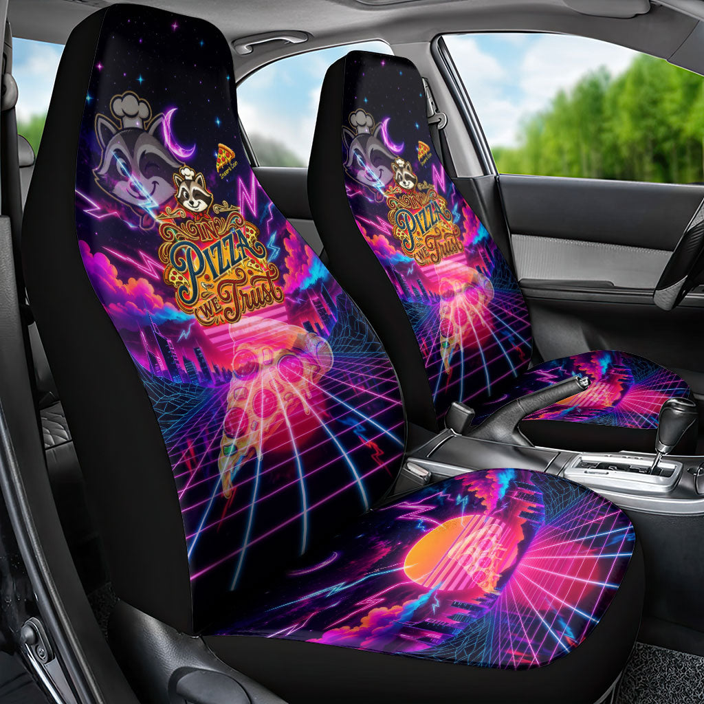 Retro Raccoon Eating Pizza Car Seat Cover 80s Synthwave Pizza Arcade Neon Gaming Aesthetic