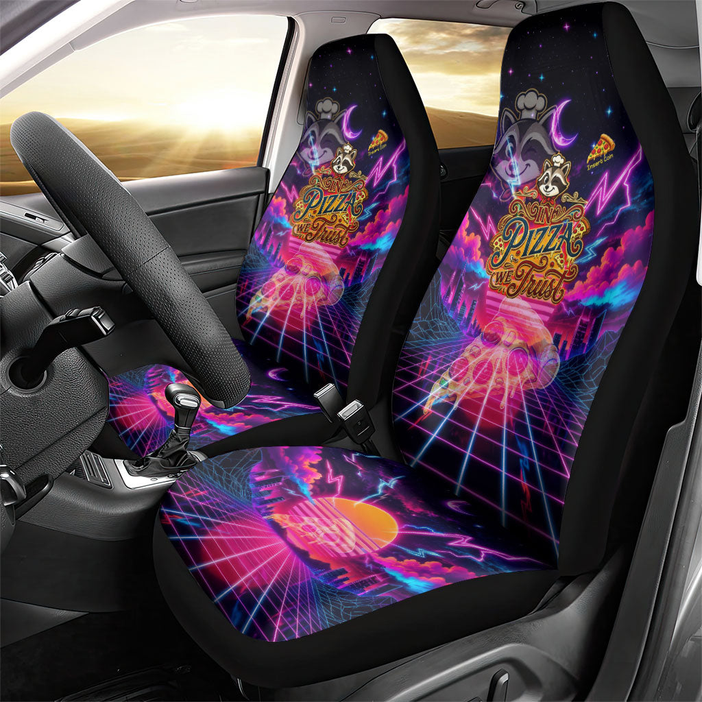 Retro Raccoon Eating Pizza Car Seat Cover 80s Synthwave Pizza Arcade Neon Gaming Aesthetic