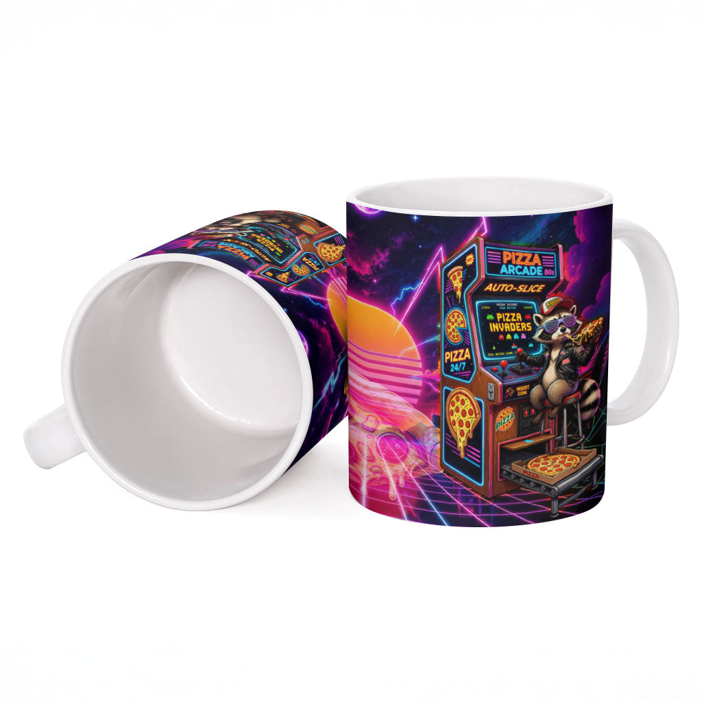 Retro Raccoon Eating Pizza Ceramic Mug 80s Synthwave Pizza Arcade Neon Gaming Aesthetic