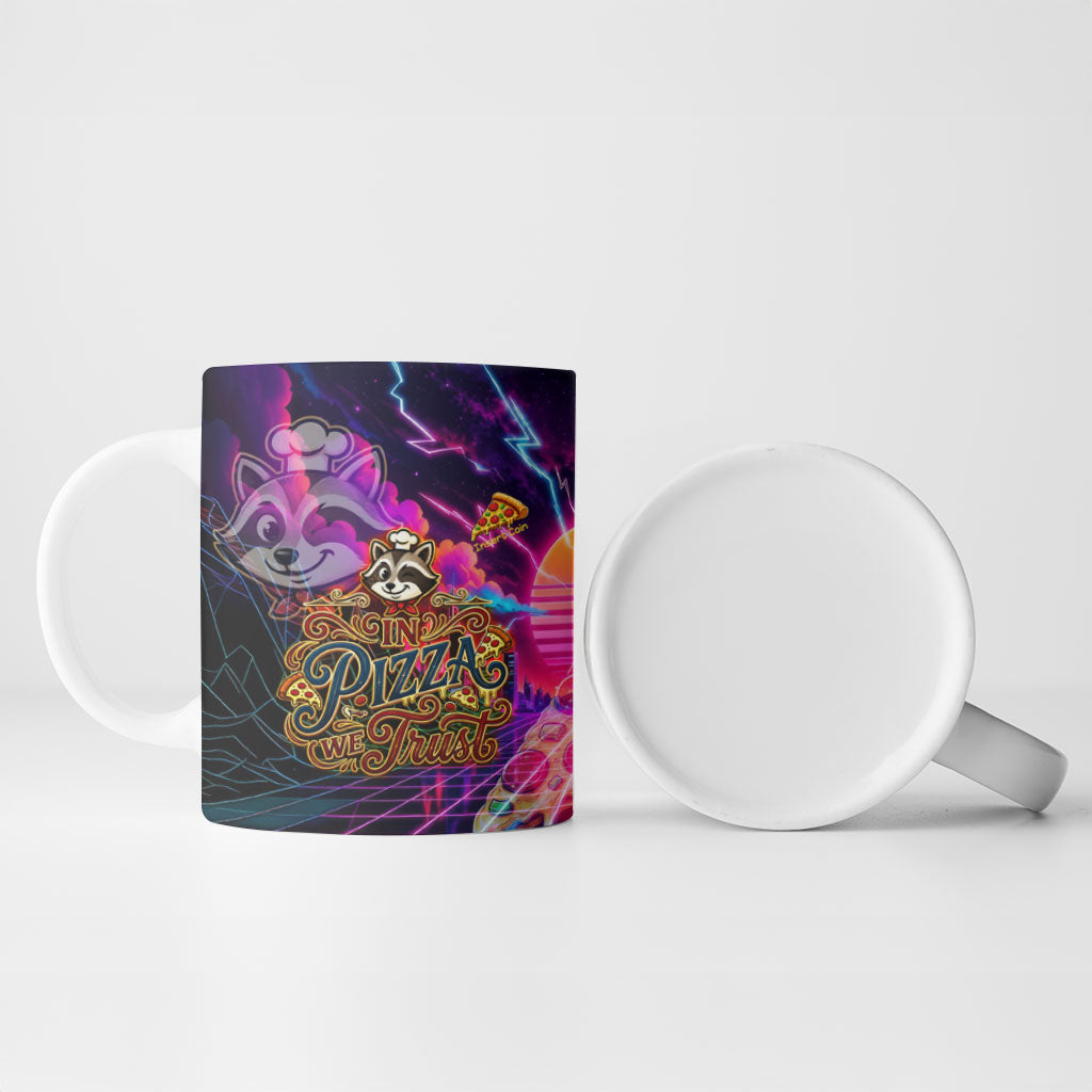 Retro Raccoon Eating Pizza Ceramic Mug 80s Synthwave Pizza Arcade Neon Gaming Aesthetic
