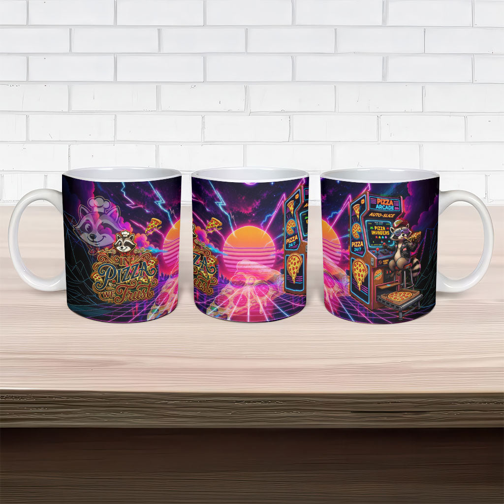 Retro Raccoon Eating Pizza Ceramic Mug 80s Synthwave Pizza Arcade Neon Gaming Aesthetic
