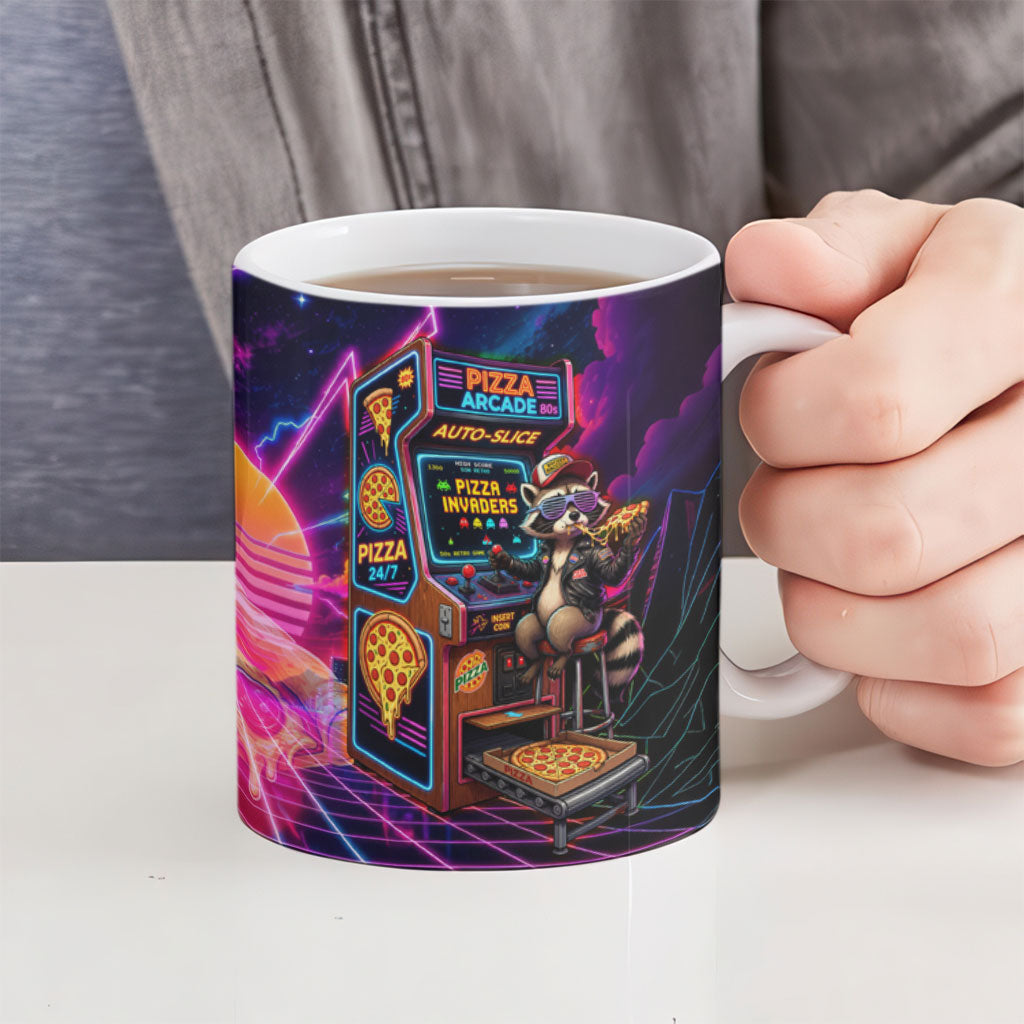 Retro Raccoon Eating Pizza Ceramic Mug 80s Synthwave Pizza Arcade Neon Gaming Aesthetic