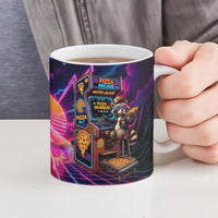 Retro Raccoon Eating Pizza Ceramic Mug 80s Synthwave Pizza Arcade Neon Gaming Aesthetic