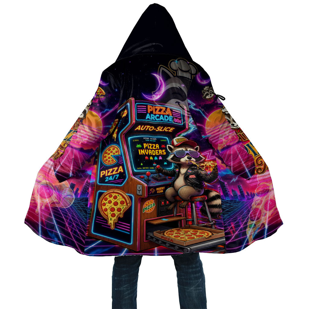Retro Raccoon Eating Pizza Cloak 80s Synthwave Pizza Arcade Neon Gaming Aesthetic