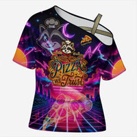 Retro Raccoon Eating Pizza Cross Shoulder Shirt 80s Synthwave Pizza Arcade Neon Gaming Aesthetic