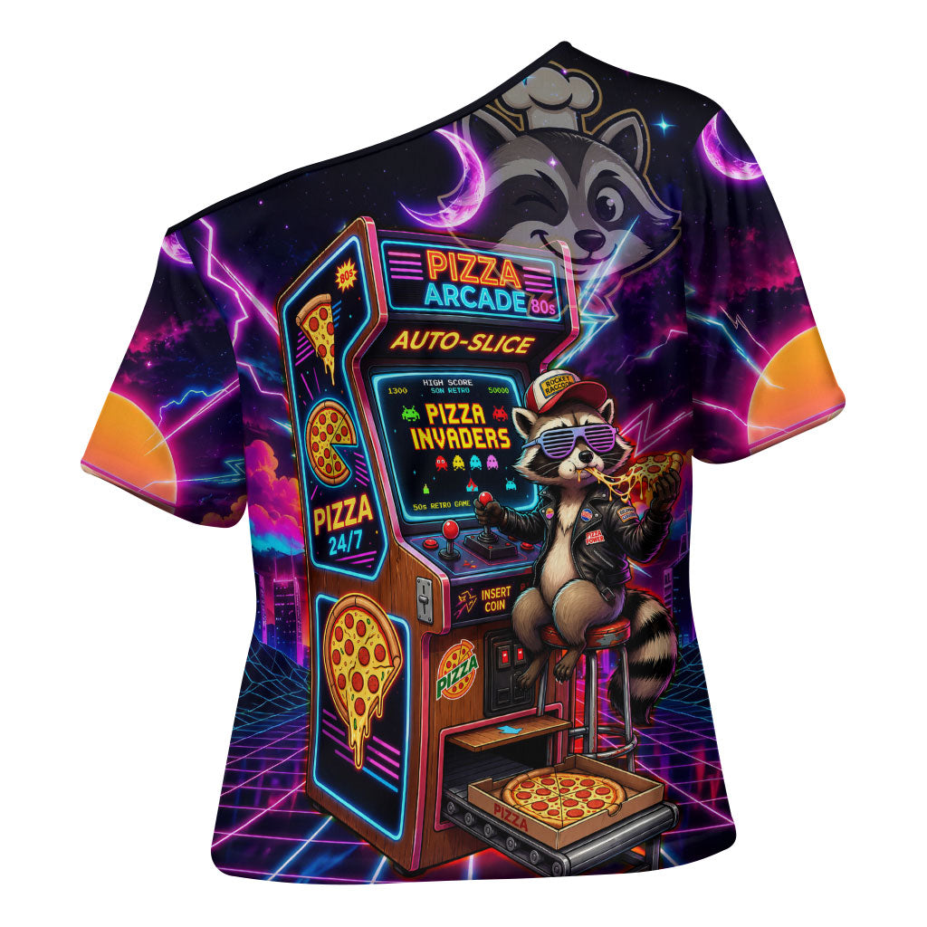 Retro Raccoon Eating Pizza Cross Shoulder Shirt 80s Synthwave Pizza Arcade Neon Gaming Aesthetic