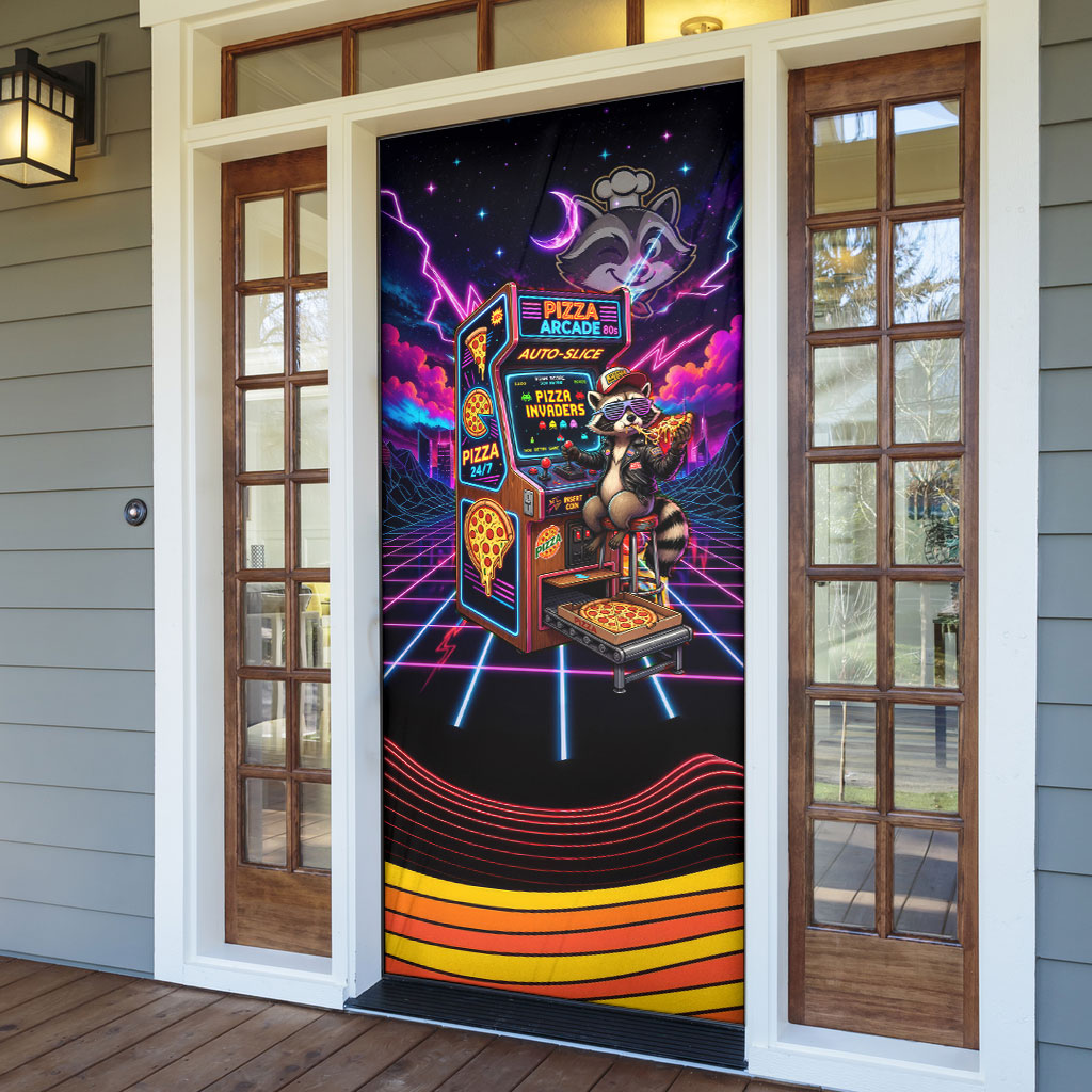 Retro Raccoon Eating Pizza Door Cover 80s Synthwave Pizza Arcade Neon Gaming Aesthetic