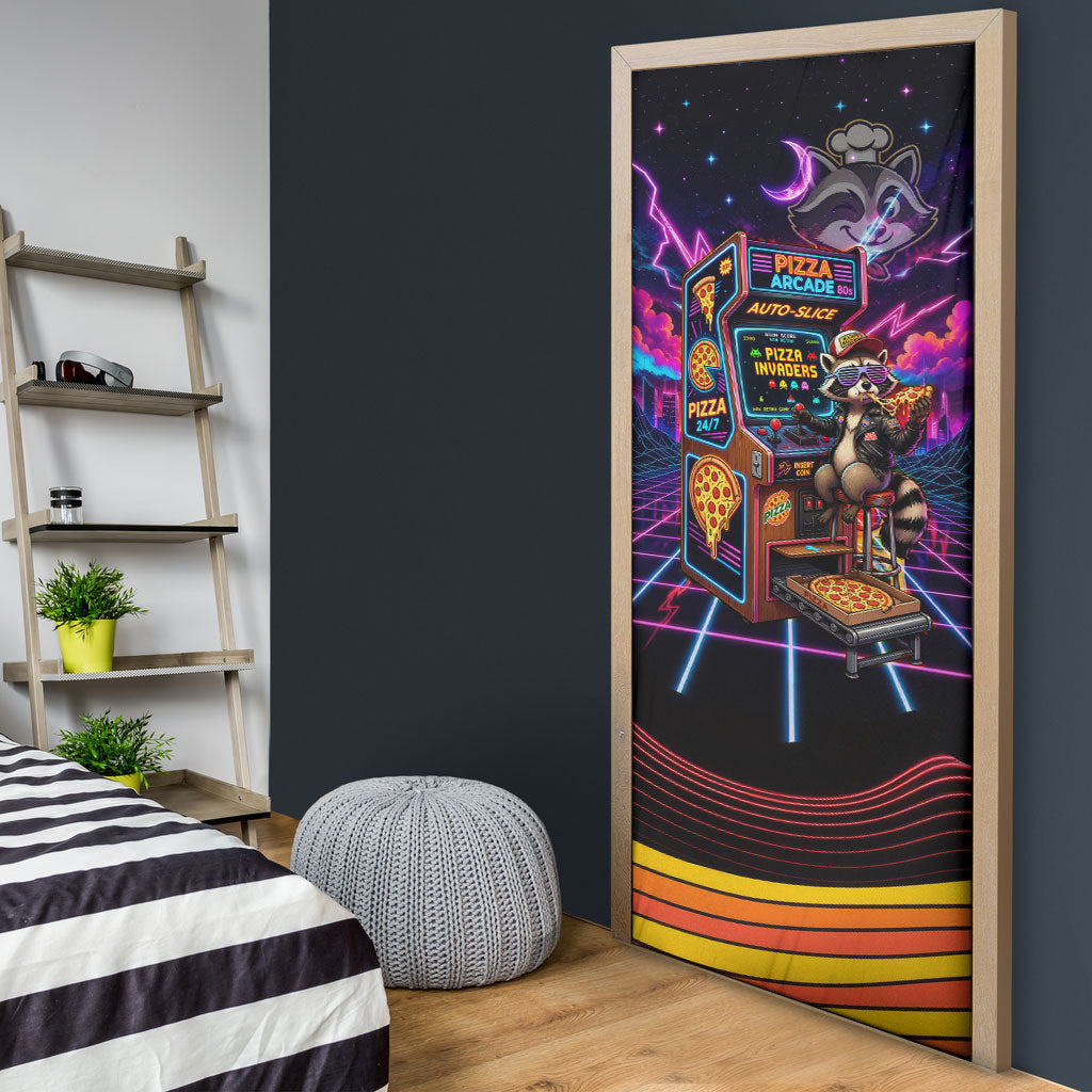 Retro Raccoon Eating Pizza Door Cover 80s Synthwave Pizza Arcade Neon Gaming Aesthetic