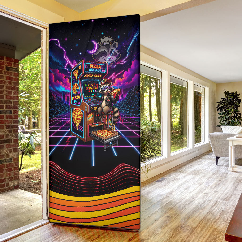 Retro Raccoon Eating Pizza Door Cover 80s Synthwave Pizza Arcade Neon Gaming Aesthetic