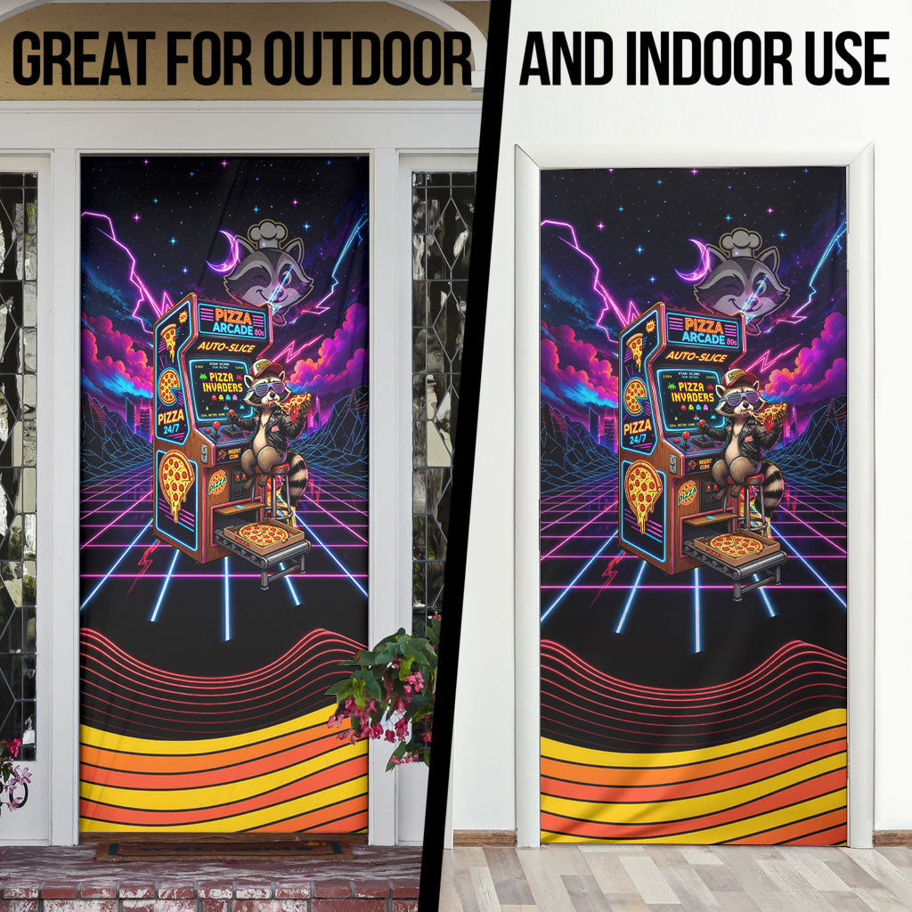 Retro Raccoon Eating Pizza Door Cover 80s Synthwave Pizza Arcade Neon Gaming Aesthetic