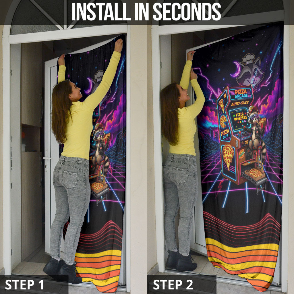 Retro Raccoon Eating Pizza Door Cover 80s Synthwave Pizza Arcade Neon Gaming Aesthetic