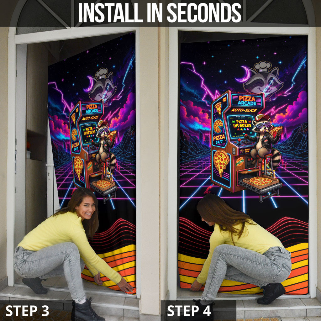 Retro Raccoon Eating Pizza Door Cover 80s Synthwave Pizza Arcade Neon Gaming Aesthetic