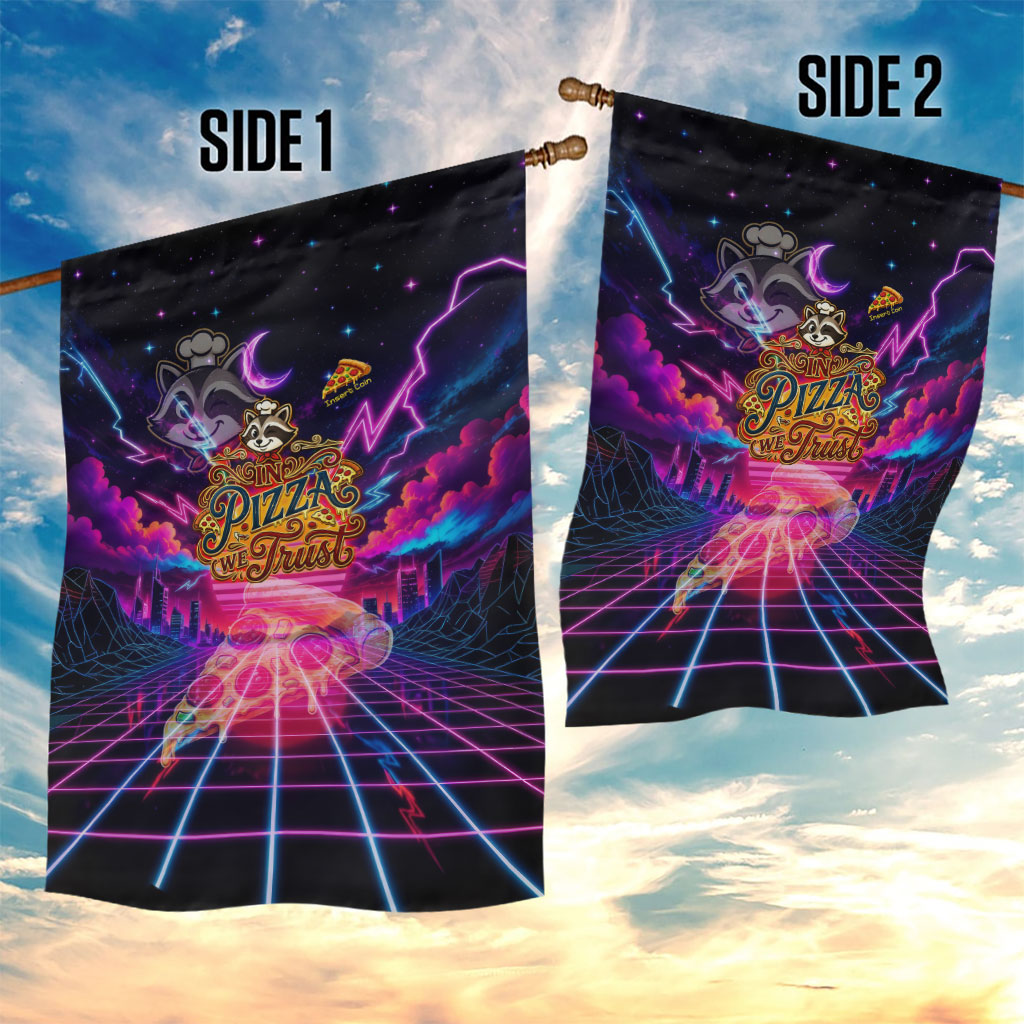 Retro Raccoon Eating Pizza Garden Flag 80s Synthwave Pizza Arcade Neon Gaming Aesthetic