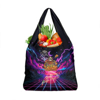 Retro Raccoon Eating Pizza Grocery Bag 80s Synthwave Pizza Arcade Neon Gaming Aesthetic