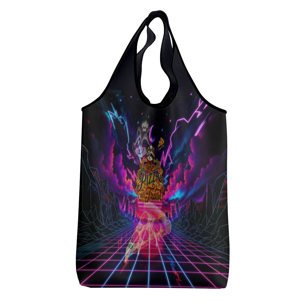 Retro Raccoon Eating Pizza Grocery Bag 80s Synthwave Pizza Arcade Neon Gaming Aesthetic