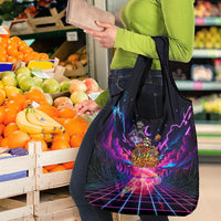 Retro Raccoon Eating Pizza Grocery Bag 80s Synthwave Pizza Arcade Neon Gaming Aesthetic