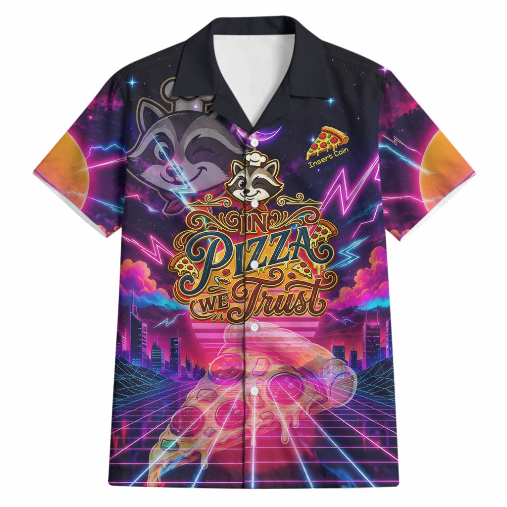 Retro Raccoon Eating Pizza Hawaiian Shirt 80s Synthwave Pizza Arcade Neon Gaming Aesthetic