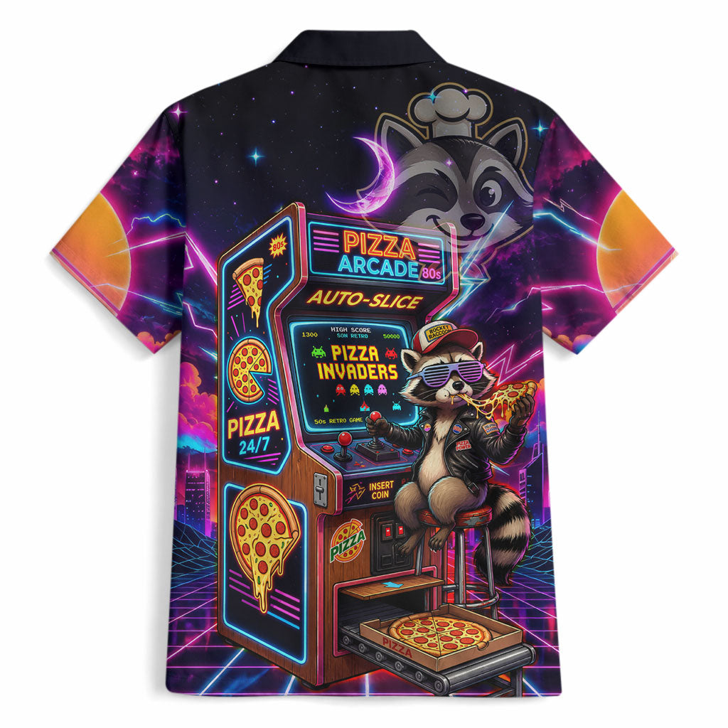 Retro Raccoon Eating Pizza Hawaiian Shirt 80s Synthwave Pizza Arcade Neon Gaming Aesthetic