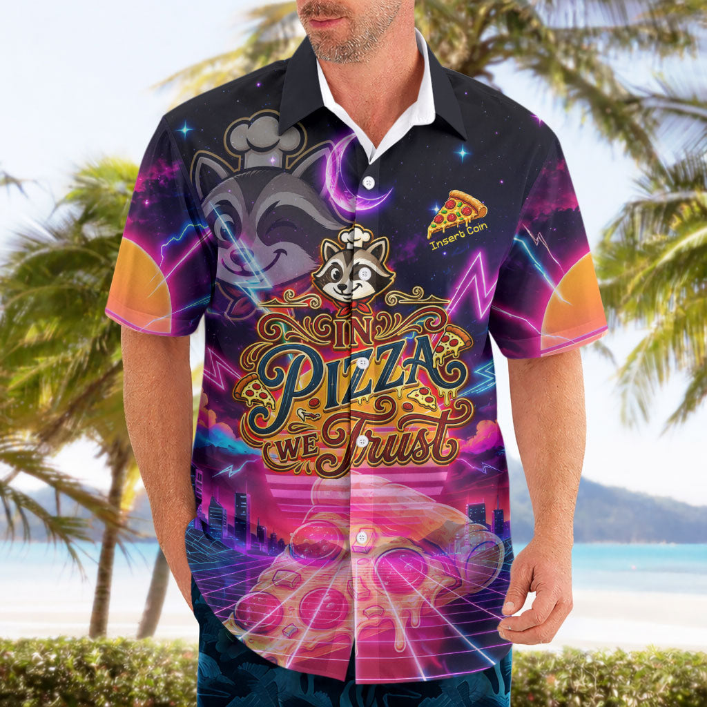 Retro Raccoon Eating Pizza Hawaiian Shirt 80s Synthwave Pizza Arcade Neon Gaming Aesthetic