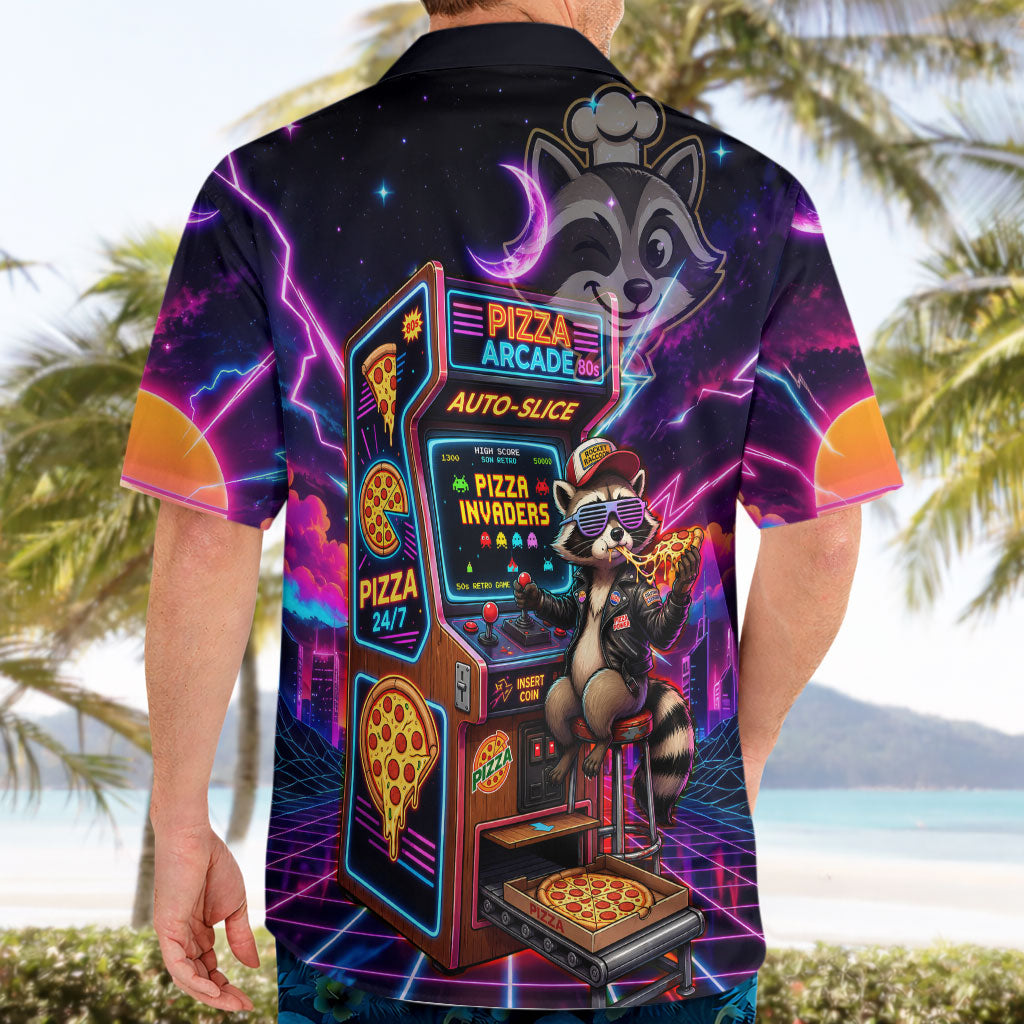 Retro Raccoon Eating Pizza Hawaiian Shirt 80s Synthwave Pizza Arcade Neon Gaming Aesthetic