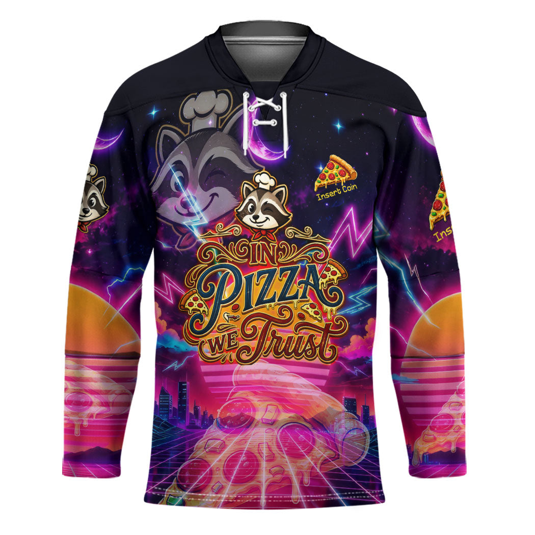 Retro Raccoon Eating Pizza Hockey Jersey 80s Synthwave Pizza Arcade Neon Gaming Aesthetic